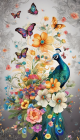 Schilderij pauw, bloemen en vlinders - Artello